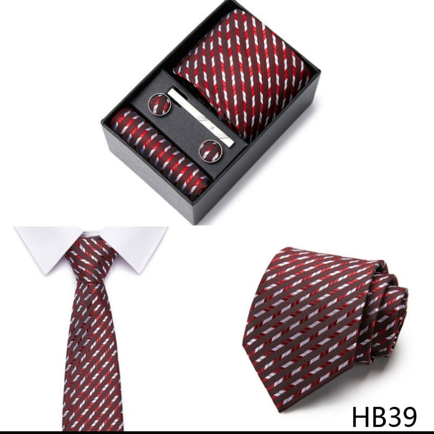 Dark Red Stripe Tie Set / Pocket Square, Bowtie, Tie Clip, Cufflinks / Gift for Him / Wedding Groomsmen Gift / Men Gift Box