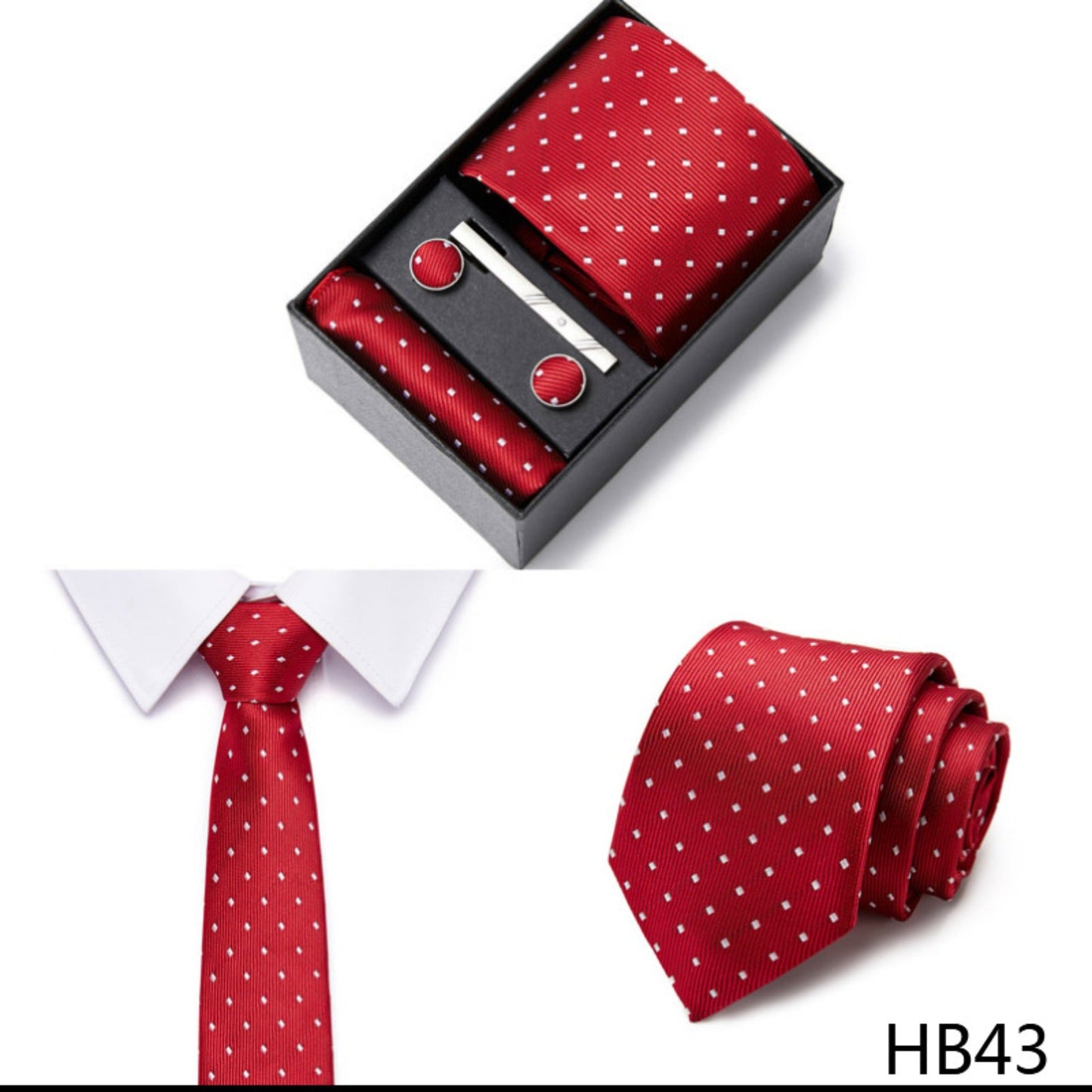 Red Diamond Pattern Tie Set / Pocket Square, Bowtie, Tie Clip, Cufflinks / Gift for Him / Wedding Groomsmen Gift / Men Gift Box