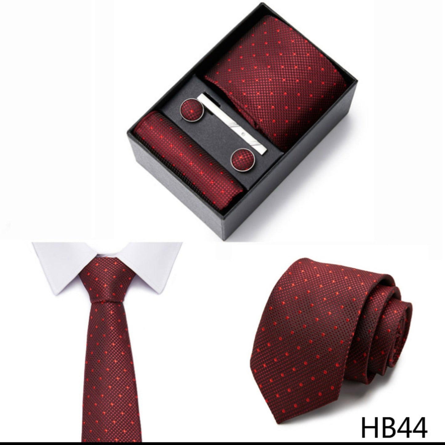 Burgundy Red Dot Pattern Tie Set / Pocket Square, Bowtie, Tie Clip, Cufflinks / Gift for Him / Wedding Groomsmen Gift / Men Gift Box