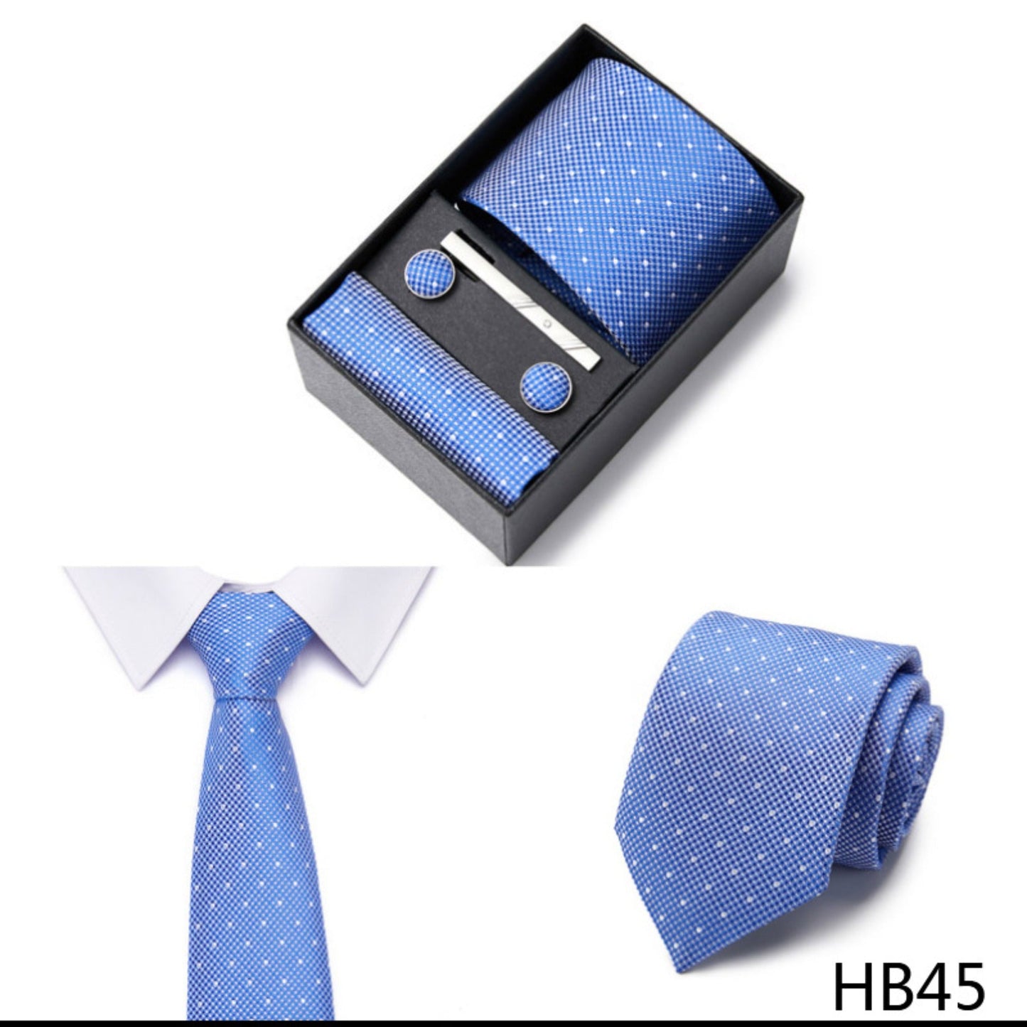 Light Blue Dot Pattern Tie Set / Pocket Square, Bowtie, Tie Clip, Cufflinks / Gift for Him / Wedding Groomsmen Gift / Men Gift Box