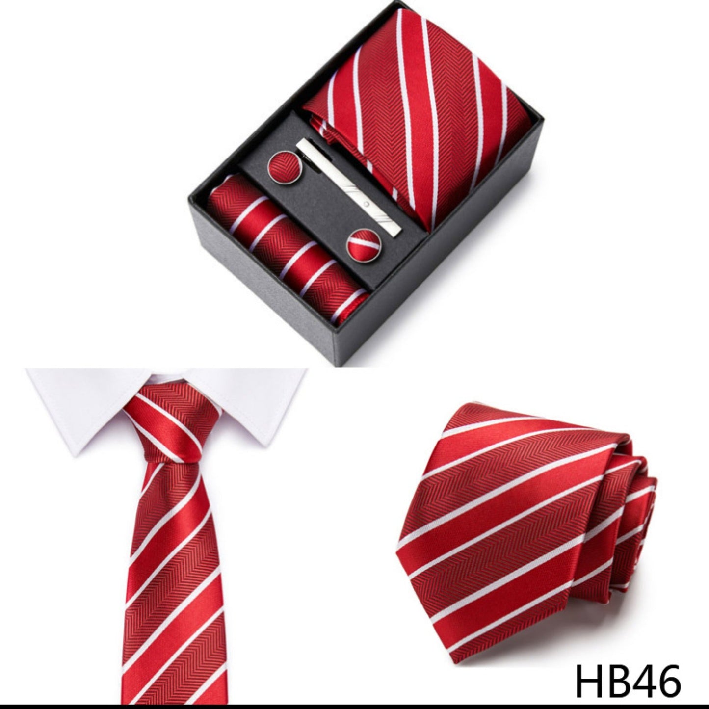 Red Stripe Tie Set / Pocket Square, Bowtie, Tie Clip, Cufflinks / Gift for Him / Wedding Groomsmen Gift / Men Gift Box