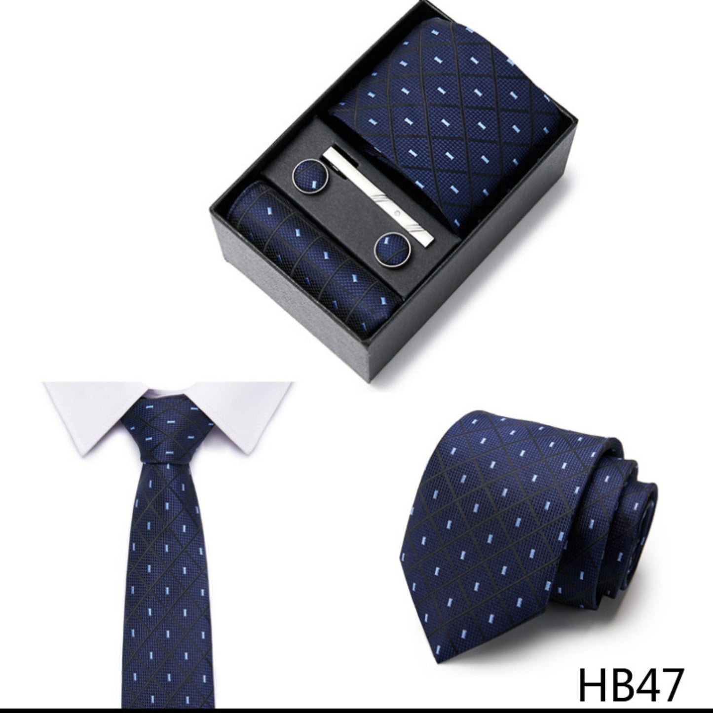 Navy Blue Diamond Tie Set / Pocket Square, Bowtie, Tie Clip, Cufflinks / Gift for Him / Wedding Groomsmen Gift / Men Gift Box