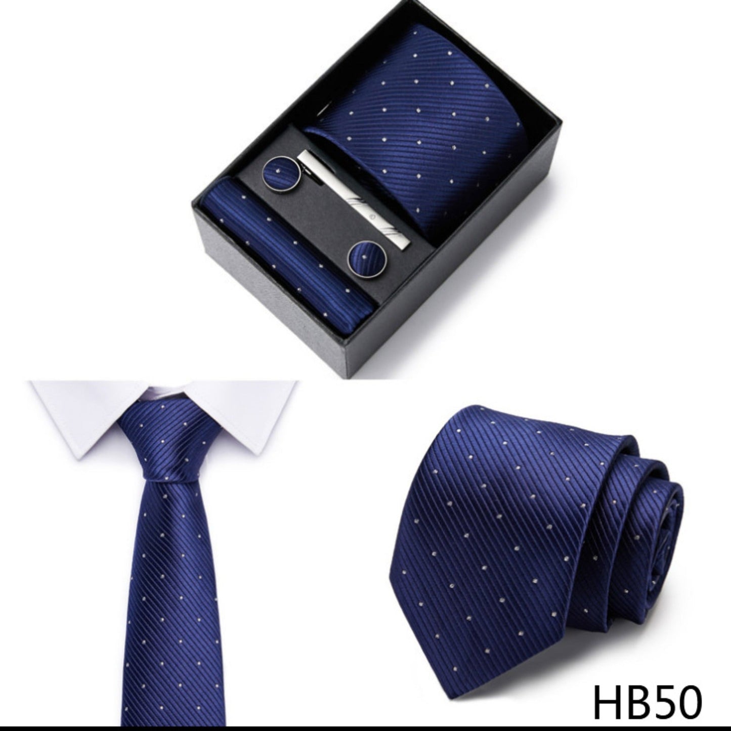 Royal Blue Dot Pattern Tie Set / Pocket Square, Bowtie, Tie Clip, Cufflinks / Gift for Him / Wedding Groomsmen Gift / Men Gift Box