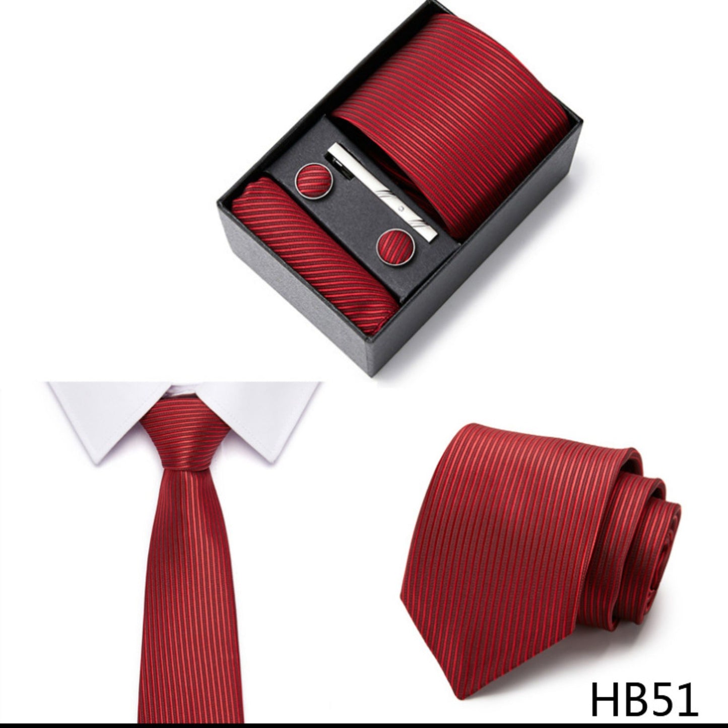 Red Wine Stripe Tie Set / Pocket Square, Bowtie, Tie Clip, Cufflinks / Gift for Him / Wedding Groomsmen Gift / Men Gift Box