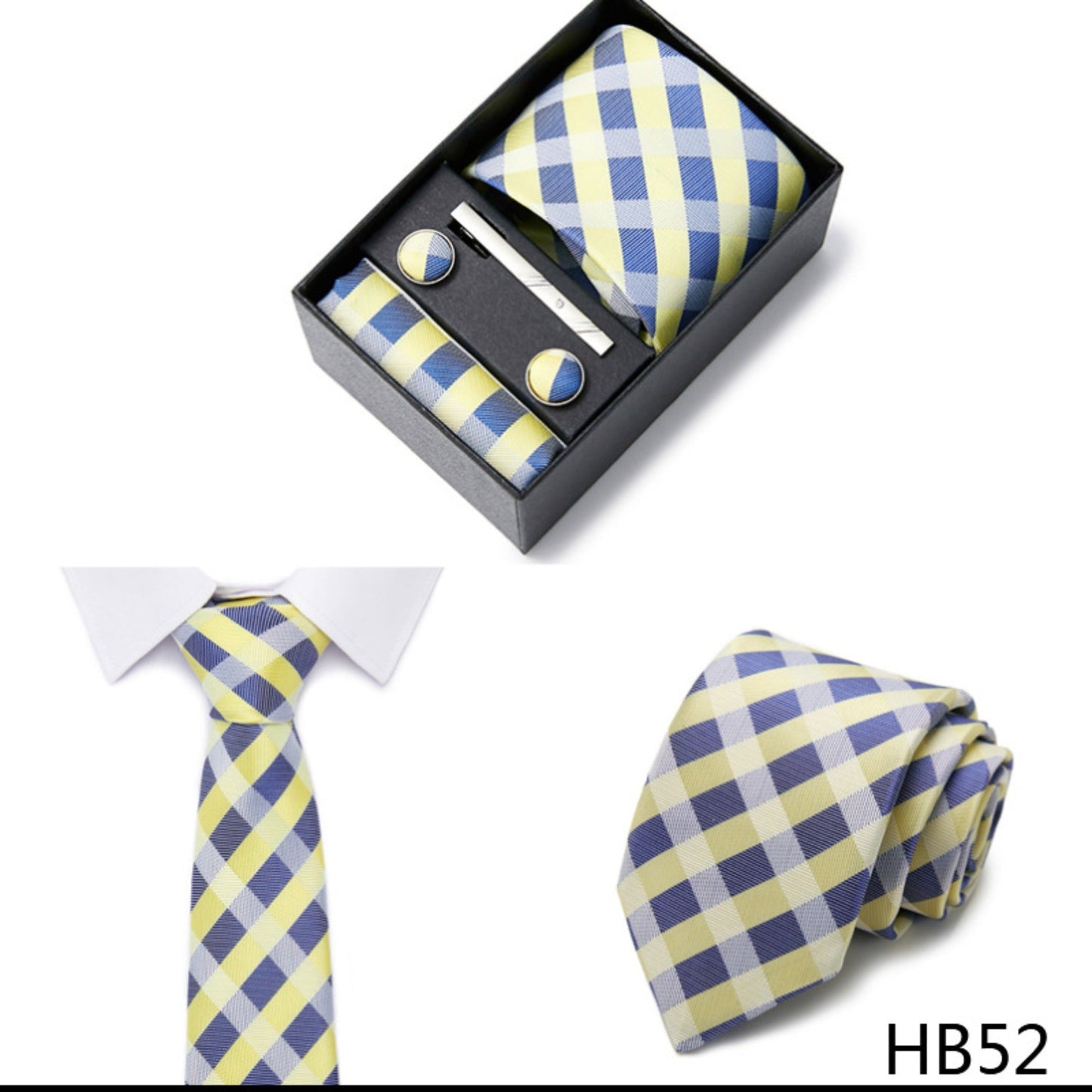 Lemon and Blue Diamond Tie Set / Pocket Square, Bowtie, Tie Clip, Cufflinks / Gift for Him / Wedding Groomsmen Gift / Men Gift Box