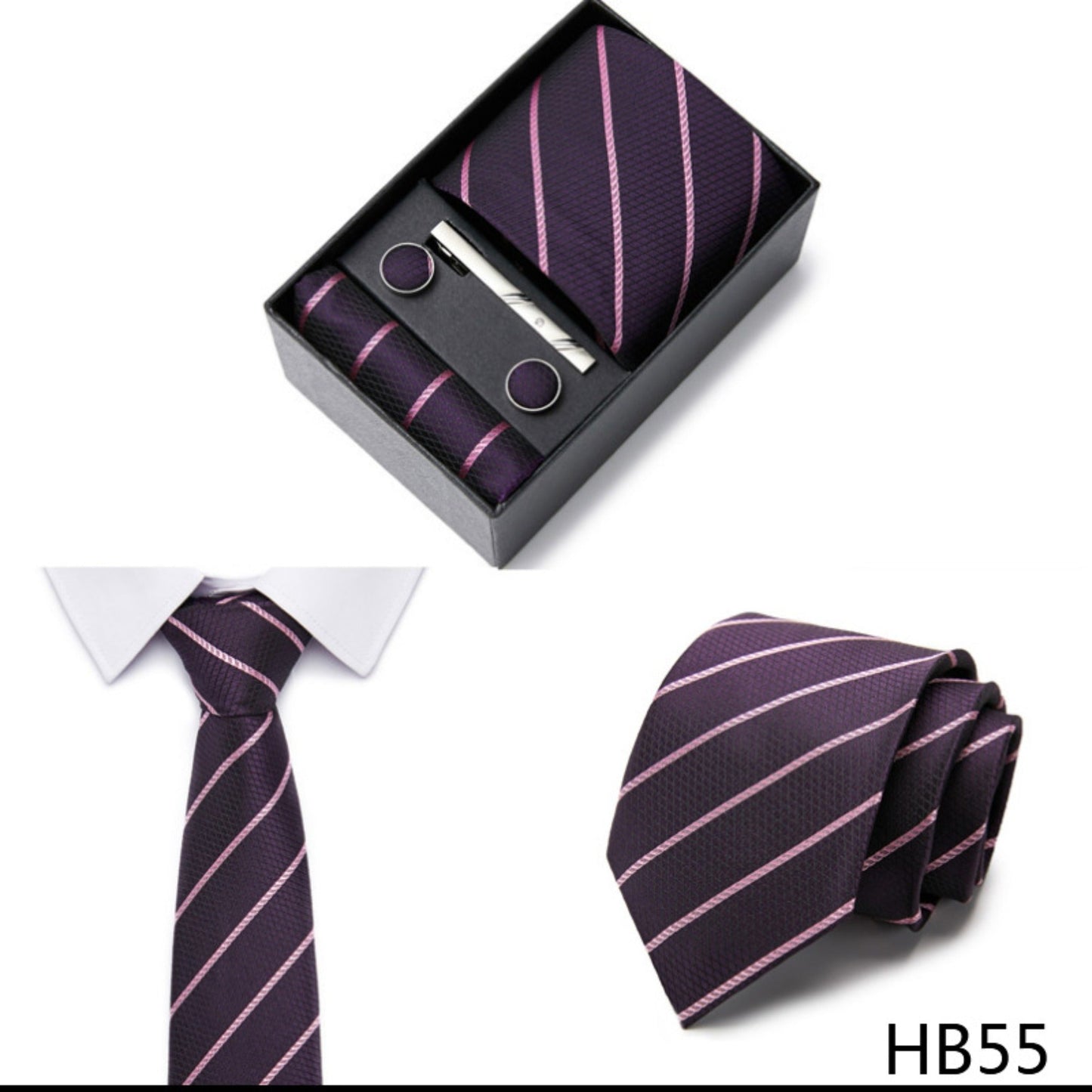 Dark Purple Stripe Tie Set / Pocket Square, Bowtie, Tie Clip, Cufflinks / Gift for Him / Wedding Groomsmen Gift / Men Gift Box