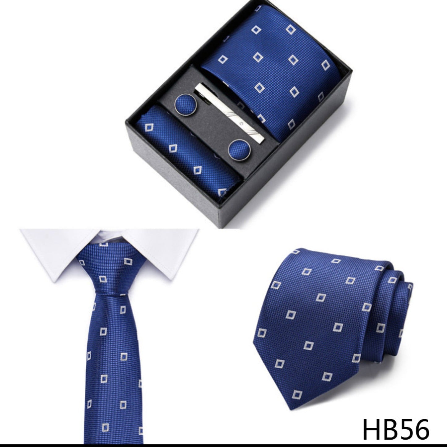 Blue Diamond Pattern Tie Set / Pocket Square, Bowtie, Tie Clip, Cufflinks / Gift for Him / Wedding Groomsmen Gift / Men Gift Box