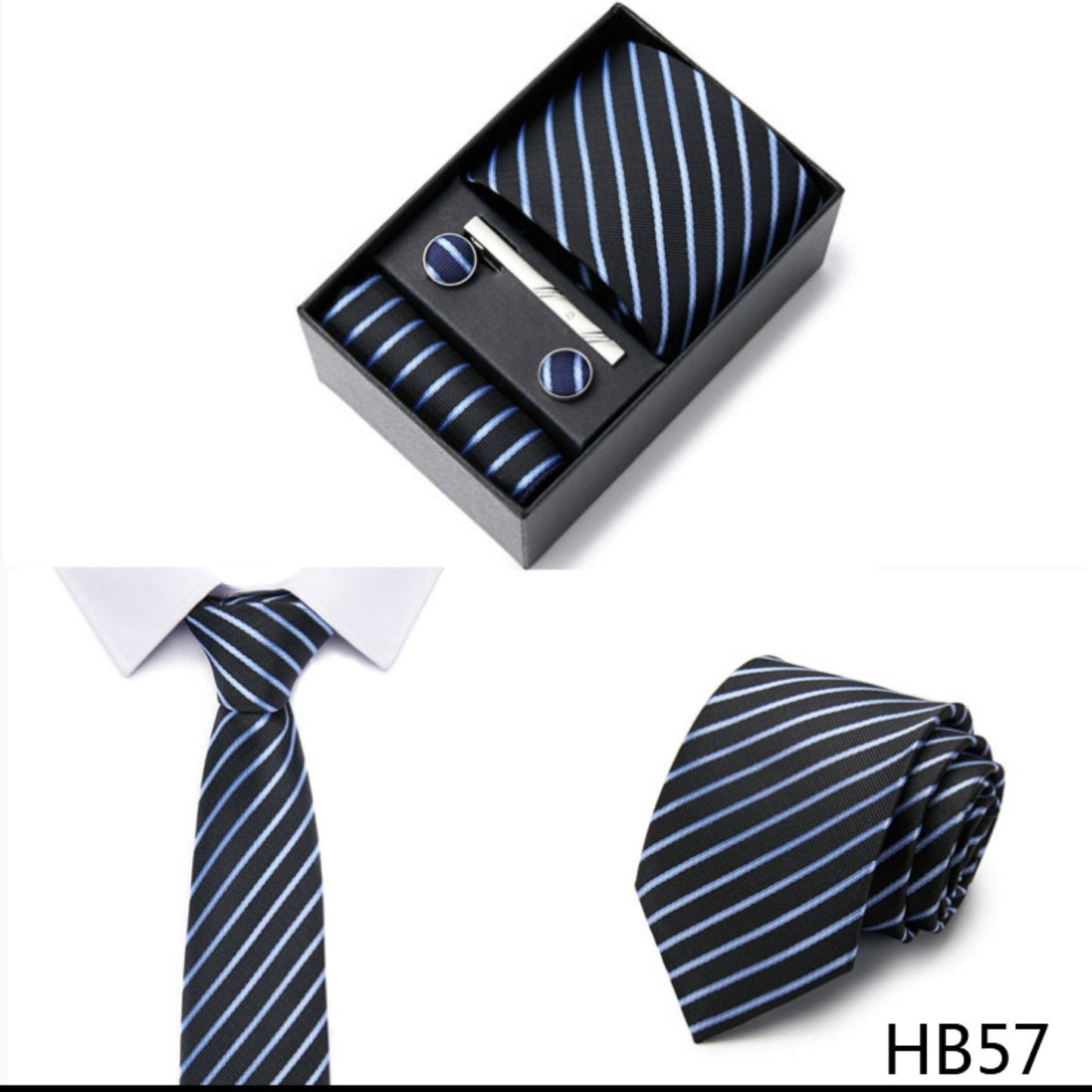 Black Stripe Tie Set / Pocket Square, Bowtie, Tie Clip, Cufflinks / Gift for Him / Wedding Groomsmen Gift / Men Gift Box