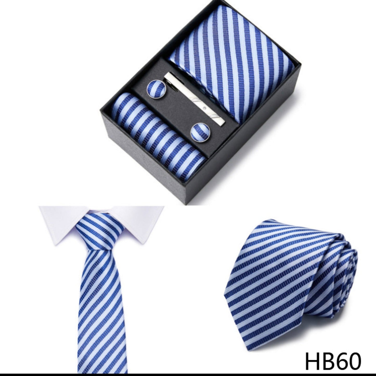 Blue Stripe Tie Set / Pocket Square, Bowtie, Tie Clip, Cufflinks / Gift for Him / Wedding Groomsmen Gift / Men Gift Box