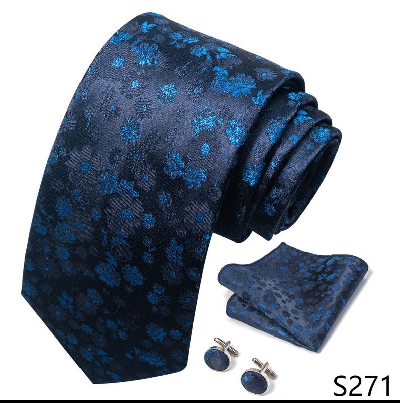 Navy Blue Leaf Flower Pattern Tie Set / Pocket Square, Bowtie, Tie Clip, Cufflinks / Gift for Him / Wedding Groomsmen Gift / Men's Present