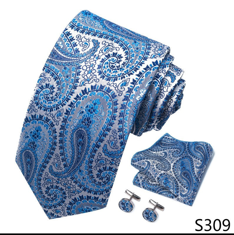 Silver Blue Floral Pattern Tie Set / Pocket Square, Bowtie, Tie Clip, Cufflinks / Gift for Him / Wedding Groomsmen Gift / Men Present Box