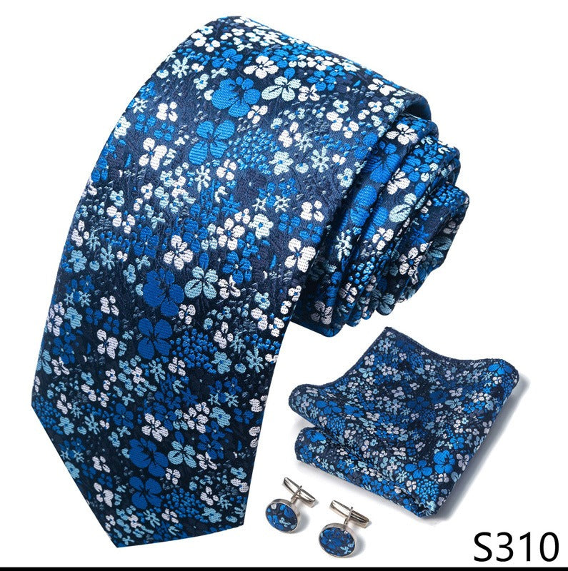 Blue Sakura Floral Pattern Tie Set / Pocket Square, Bowtie, Tie Clip, Cufflinks / Gift for Him / Wedding Groomsmen Gift / Men's Gift Box