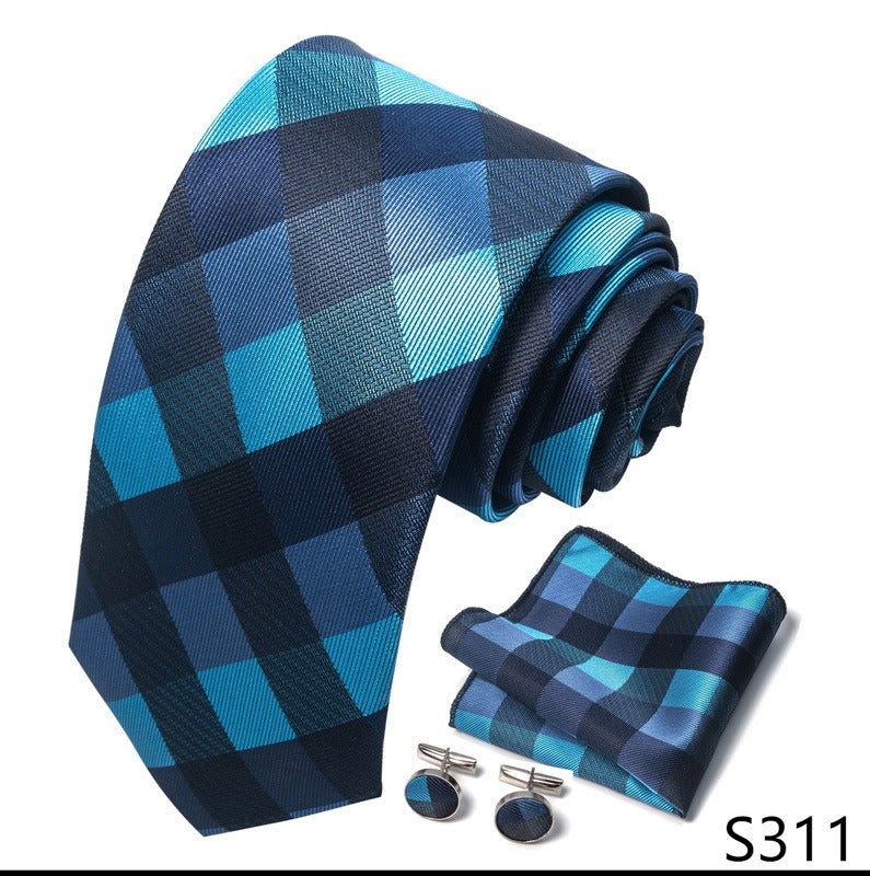 Blue Square Plaid Stripe Tie Set / Pocket Square Tie Bowtie Cufflinks Set / Wedding Tie / Tie Clips / Gift for him Mens Groomsmen Gift