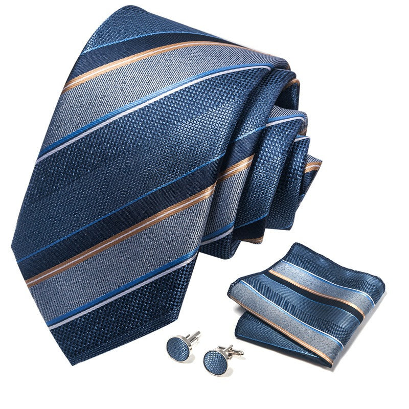 Silver Blue Stripe Pattern Tie Set / Pocket Square, Bowtie, Tie Clip, Cufflinks / Gift for Him / Wedding Groomsmen Gift / Men's Gift Box