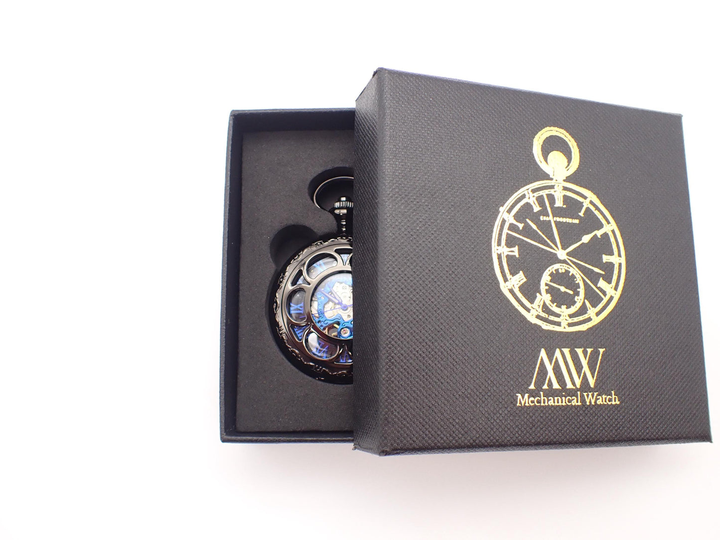 Skeleton Pocket Watch Metal Black with Blue Silver Mechanism Durable and Stylish for Wedding Groomsmen Match with Tie Set