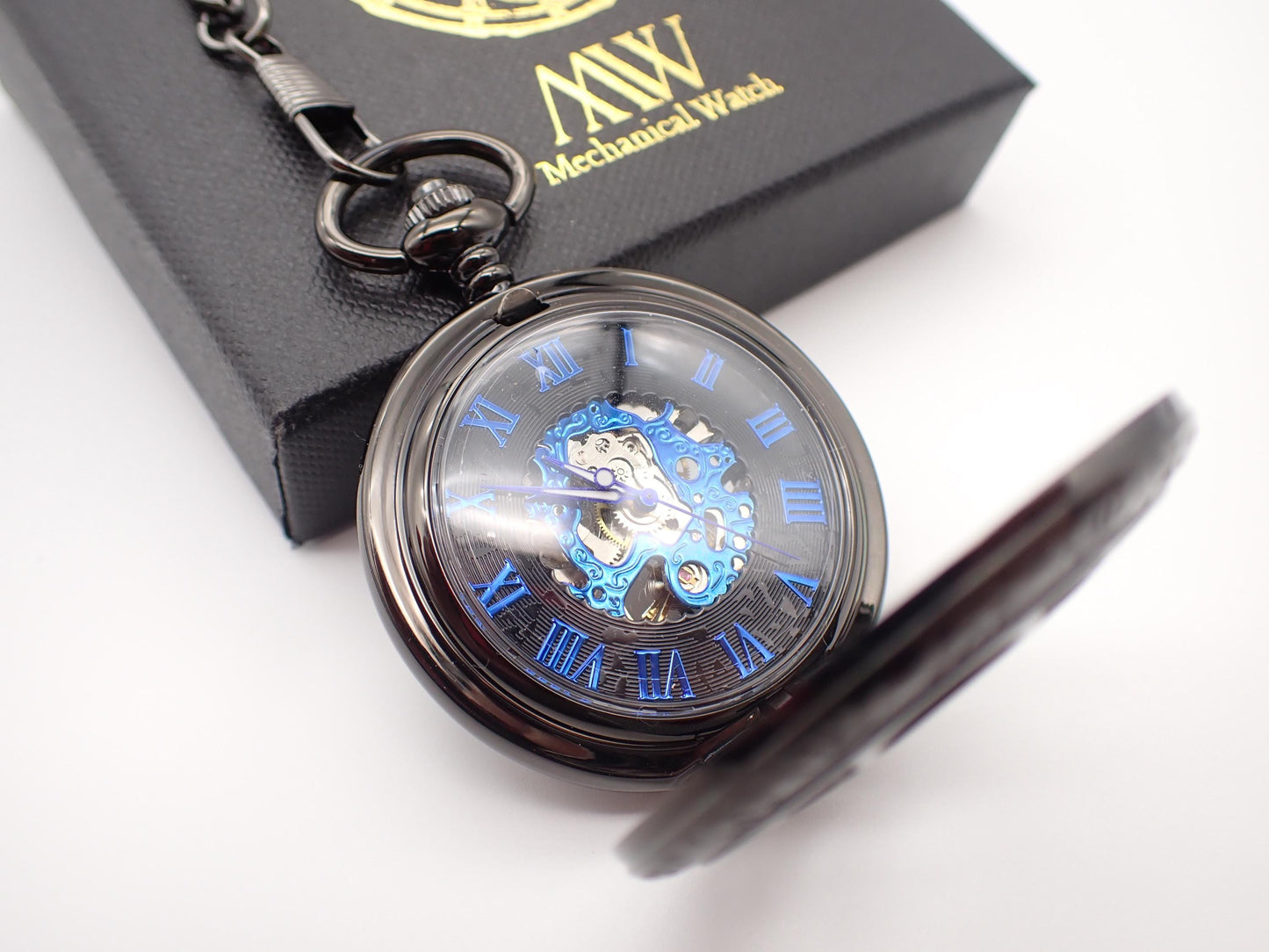 Skeleton Pocket Watch Metal Black with Blue Silver Mechanism Durable and Stylish for Wedding Groomsmen Match with Tie Set