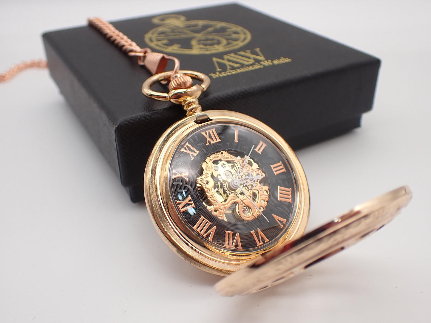 Rose Gold with Black Mechanical Pocket Watch Durable and Stylish for Wedding Groomsmen Match with Tie Set