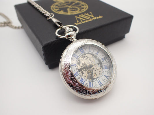 Silver White Mechanical Pocket Watch Durable and Stylish for Wedding Groomsmen Match with Tie Set