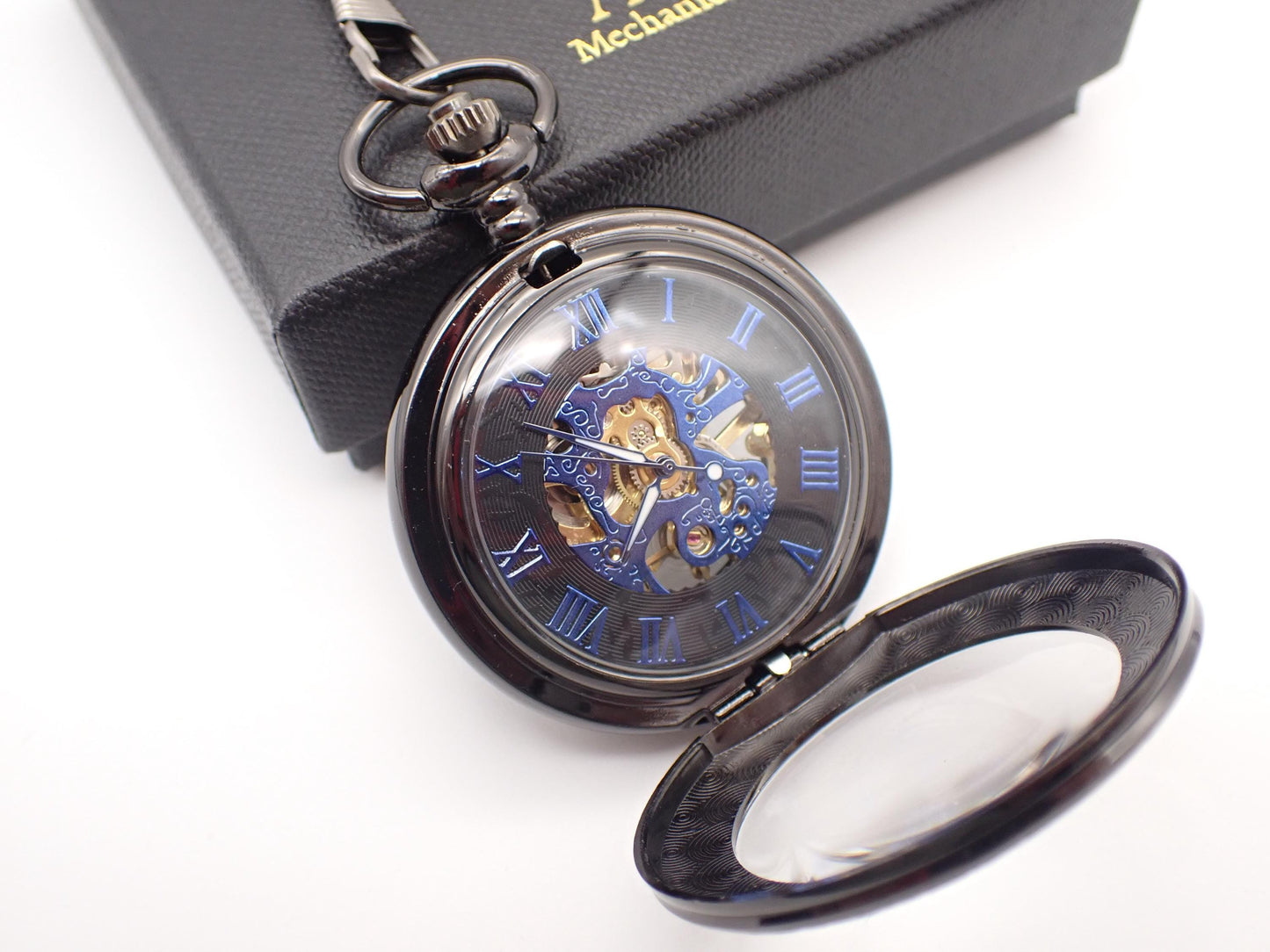 Skeleton Mechanical Pocket Watch Gunmetal Black Stylish for Wedding Groomsmen Match with Tie Set Men's Gift