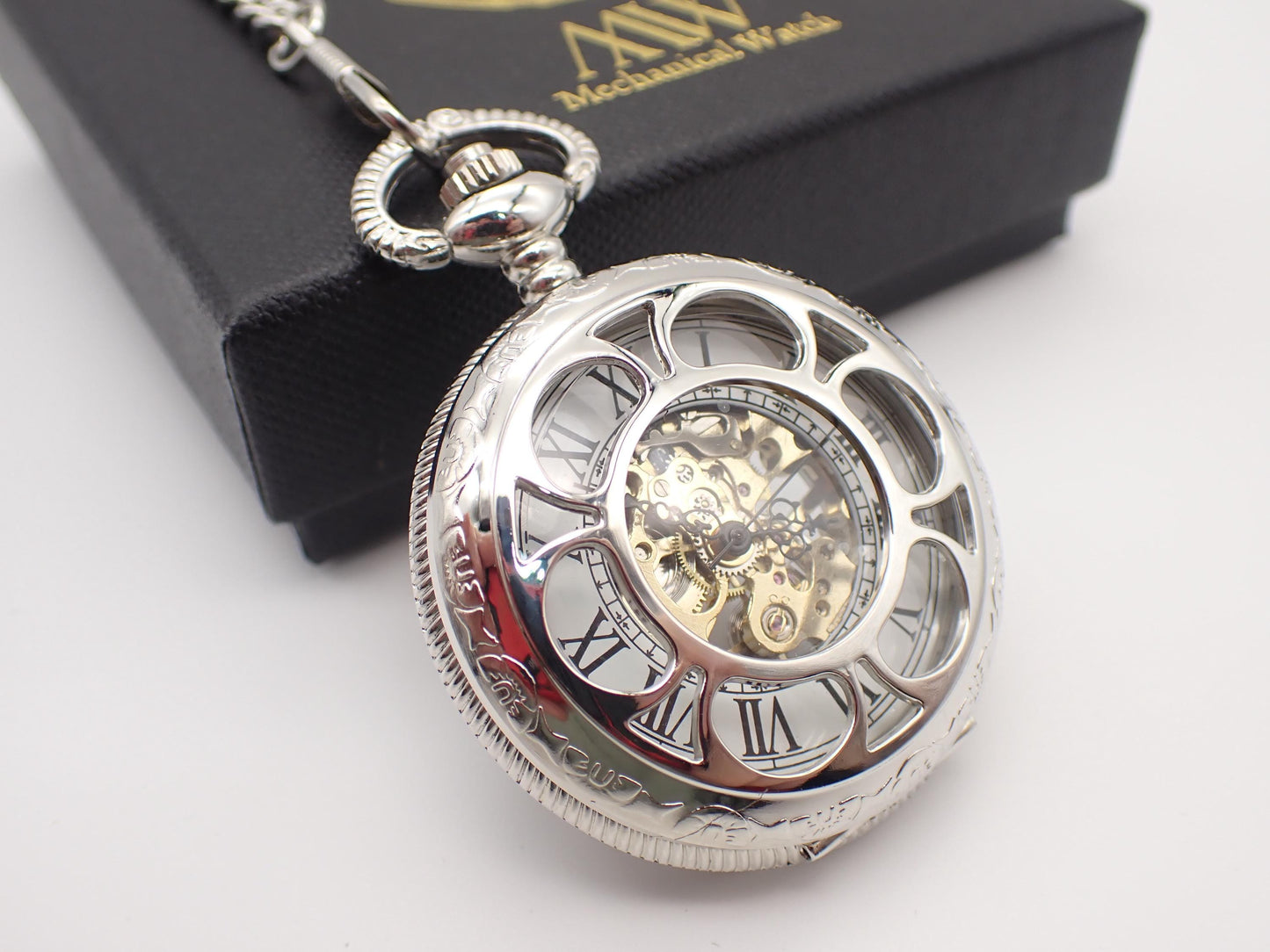 Silver White Pocket Watches Flower Pattern Mechanical Stylish for Wedding Groomsmen Match with Tie Set for Men