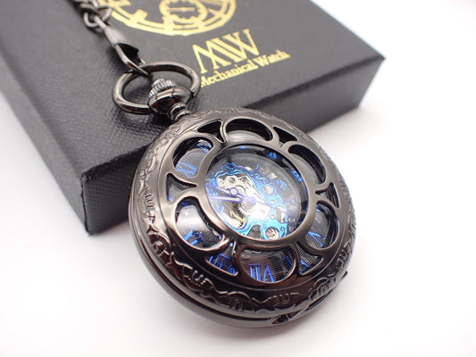 Skeleton Pocket Watch Metal Black with Blue Silver Mechanism Durable and Stylish for Wedding Groomsmen Match with Tie Set