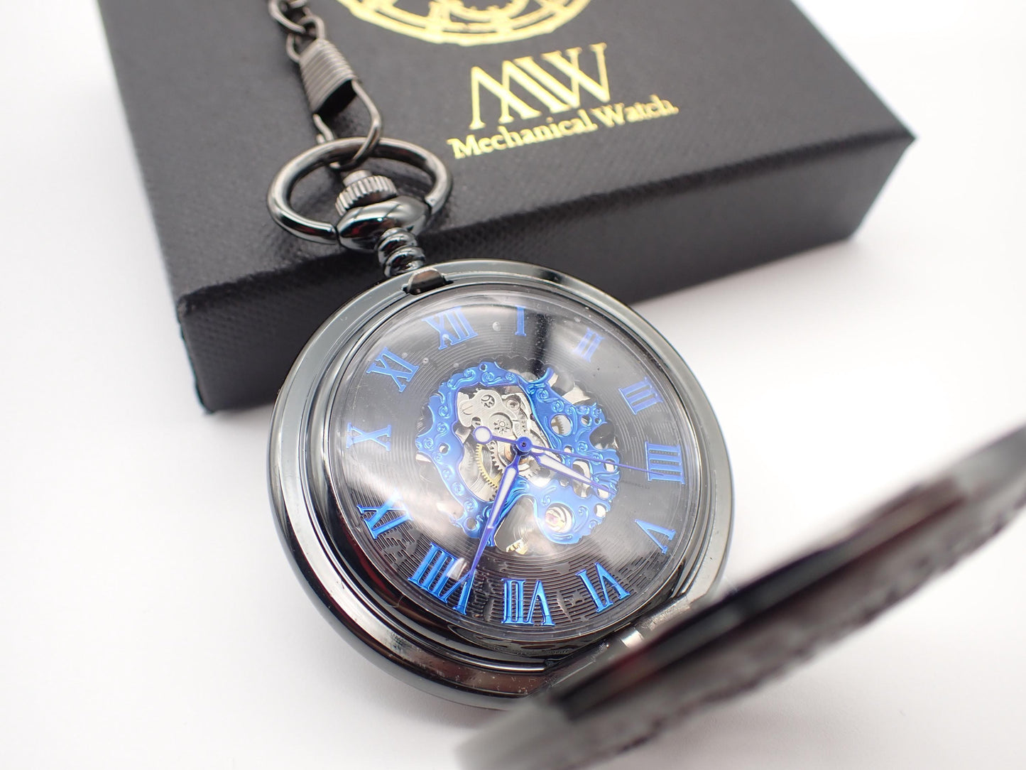 Mechanical Steampunk Pocket Watch Metal Black Gear Blue Silver Mechanism Durable and Stylish for Wedding Groomsmen Match with Tie Set