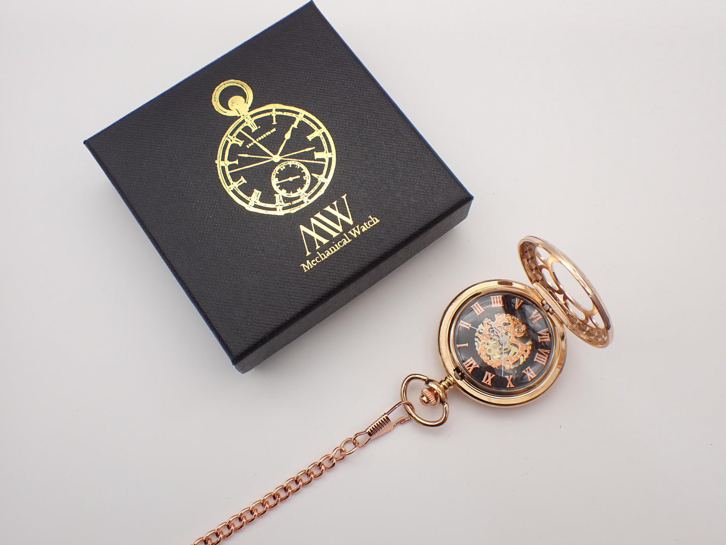 Rose Gold with Black Mechanical Pocket Watch Durable and Stylish for Wedding Groomsmen Match with Tie Set