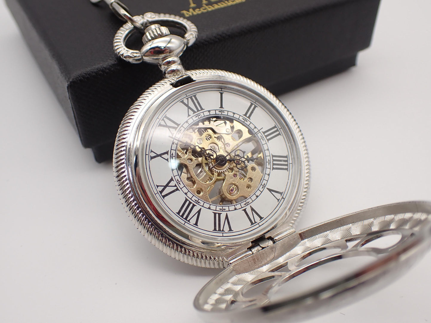 Silver White Pocket Watches Flower Pattern Mechanical Stylish for Wedding Groomsmen Match with Tie Set for Men