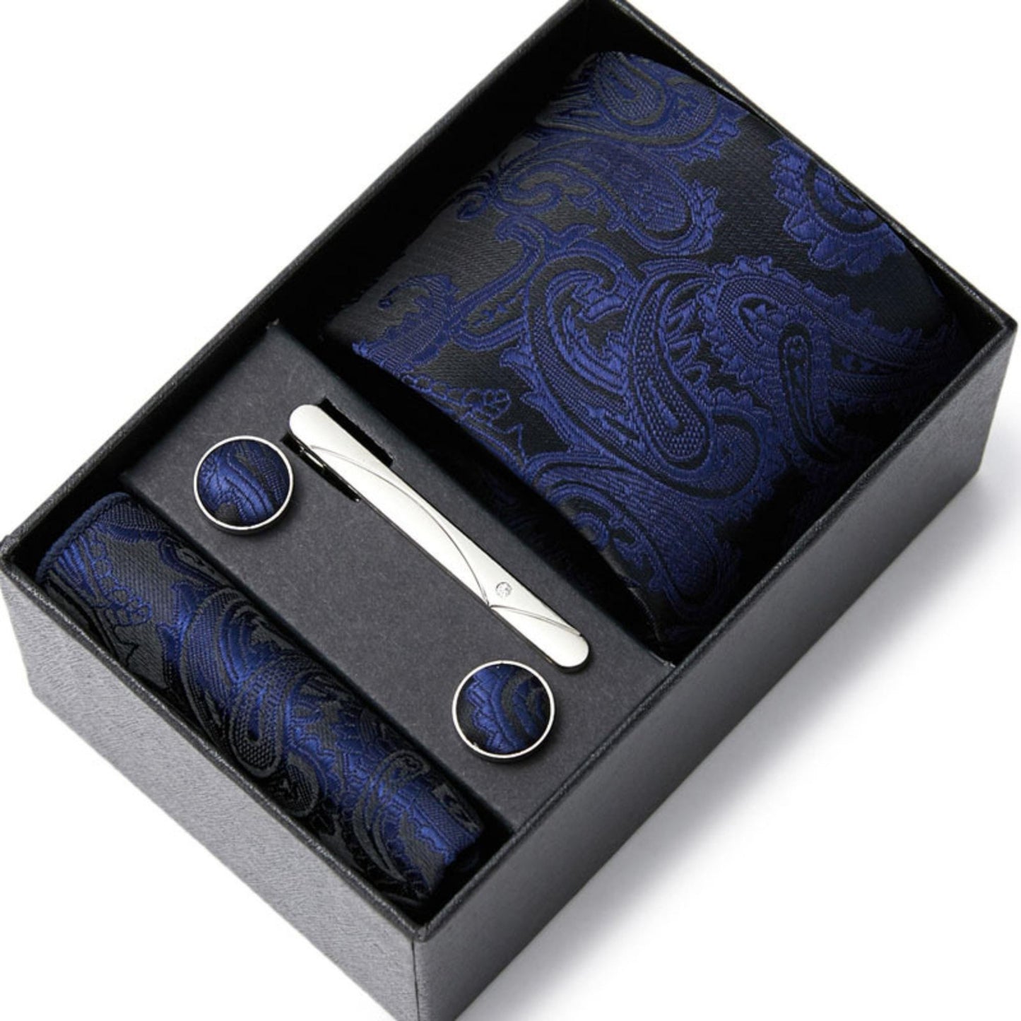 Navy Blue Paisley Tie Set / Pocket Square, Bowtie, Tie Clip, Cufflinks / Gift for Him / Wedding Groomsmen Gift / Men Gift Box