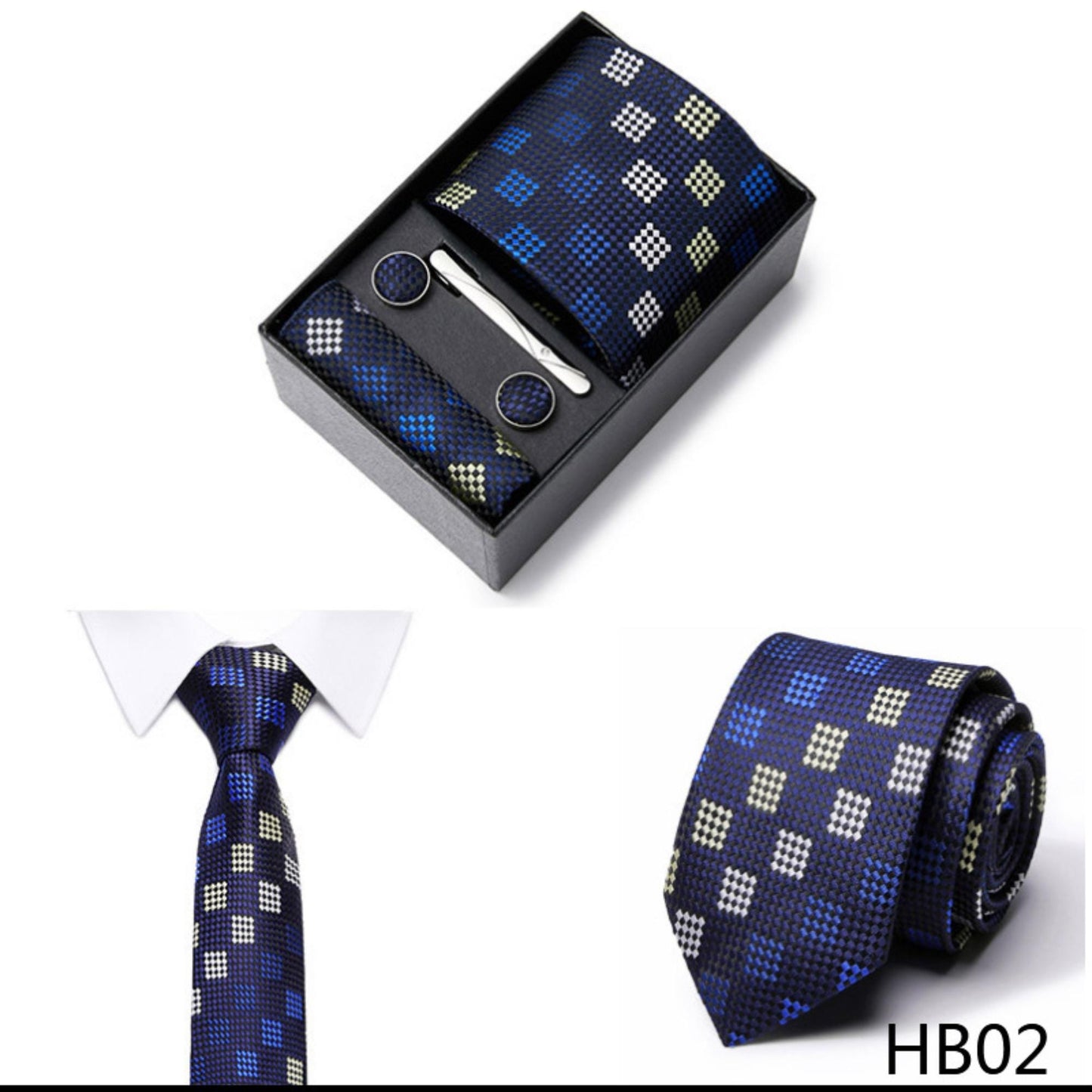 Navy Blue Square Pattern Tie Set / Pocket Square, Bowtie, Tie Clip, Cufflinks / Gift for Him / Wedding Groomsmen Gift / Men Gift Box