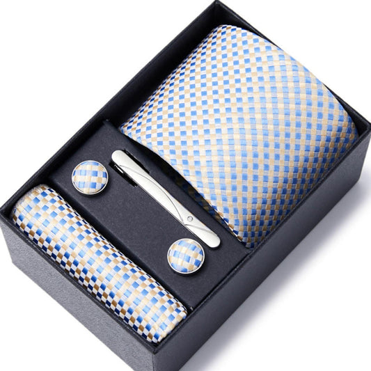 Silver Blue Square Pattern Tie Set / Pocket Square, Bowtie, Tie Clip, Cufflinks / Gift for Him / Wedding Groomsmen Gift / Men Gift Box