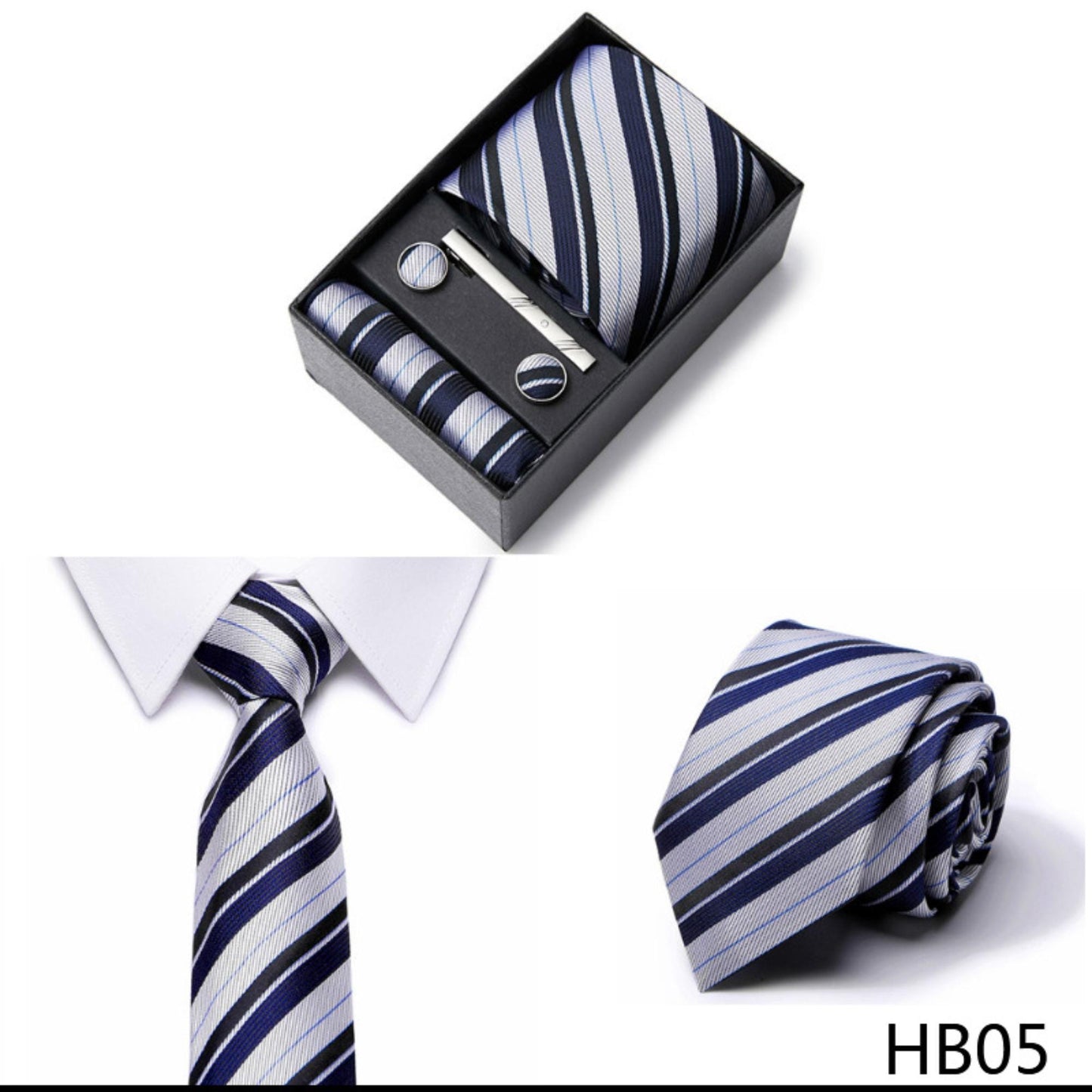 Silver Navy Stripe Tie Set / Pocket Square, Bowtie, Tie Clip, Cufflinks / Gift for Him / Wedding Groomsmen Gift / Men Gift Box