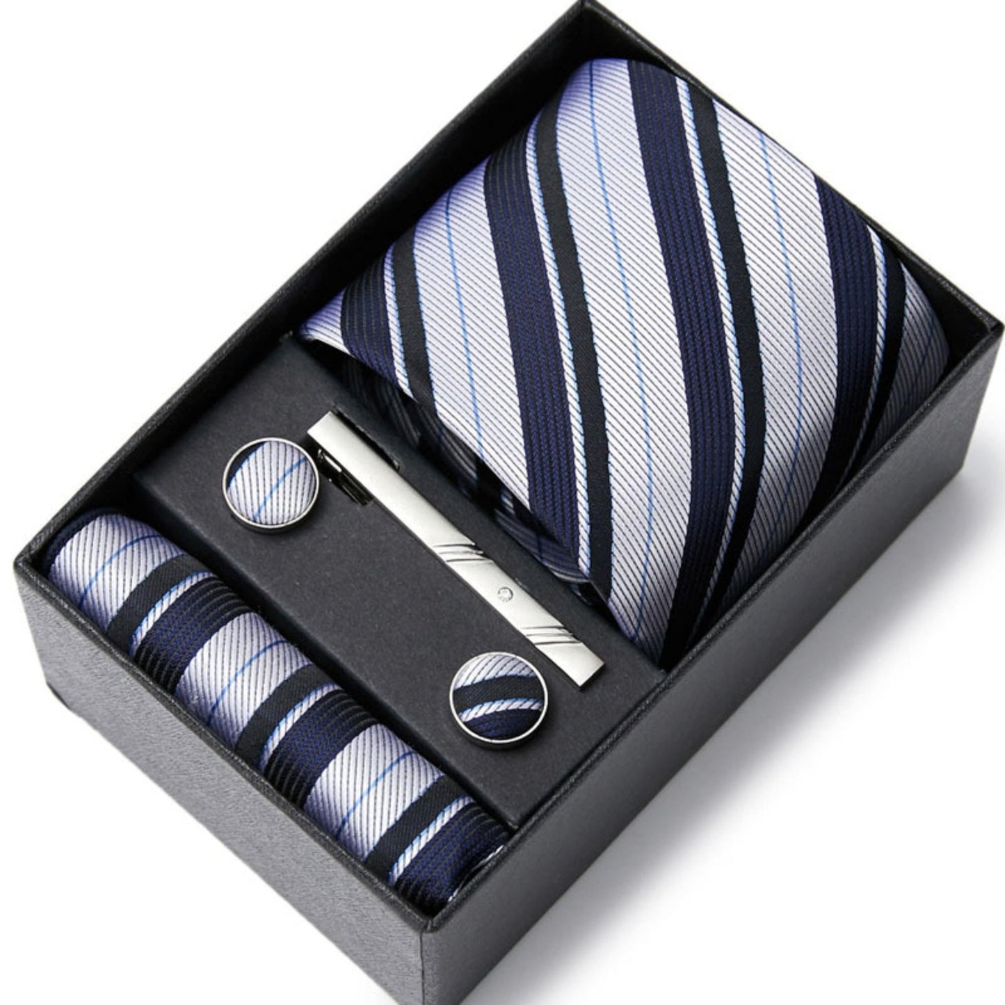 Silver Navy Stripe Tie Set / Pocket Square, Bowtie, Tie Clip, Cufflinks / Gift for Him / Wedding Groomsmen Gift / Men Gift Box