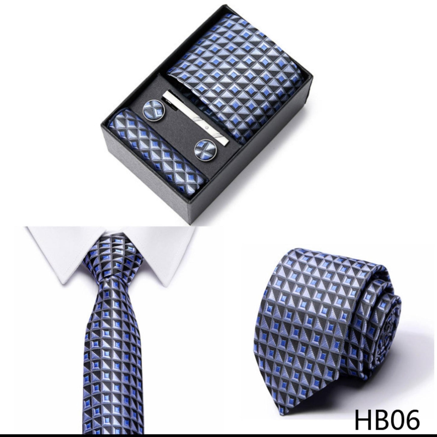 Blue and Black Square Tie Set / Pocket Square, Bowtie, Tie Clip, Cufflinks / Gift for Him / Wedding Groomsmen Gift / Men Gift Box