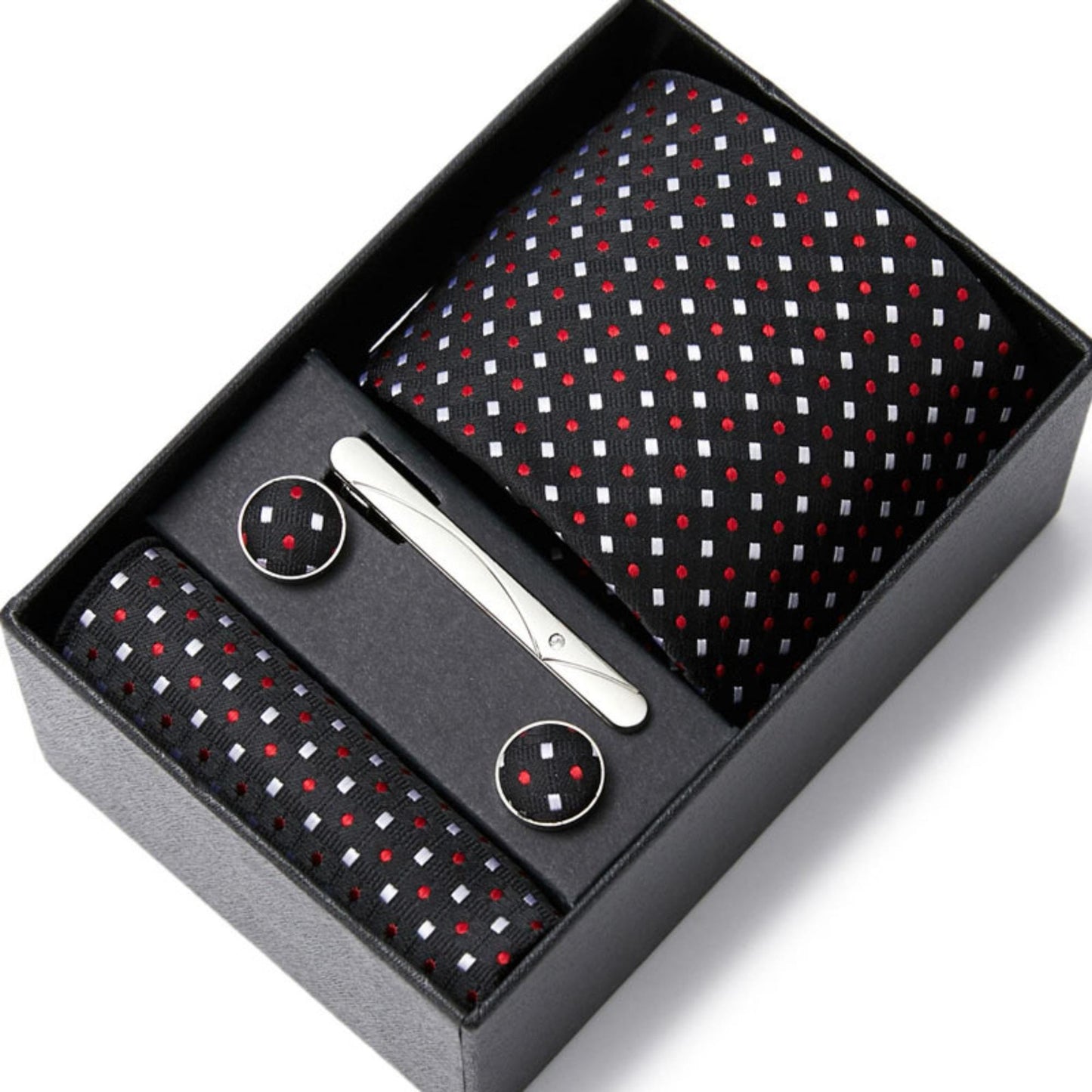 Black Red Dot Pattern Tie Set / Pocket Square, Bowtie, Tie Clip, Cufflinks / Gift for Him / Wedding Groomsmen Gift / Men Gift Box