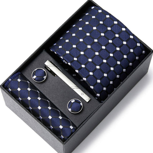 Royal Blue Square Pattern Tie Set / Pocket Square, Bowtie, Tie Clip, Cufflinks / Gift for Him / Wedding Groomsmen Gift / Men Gift Box