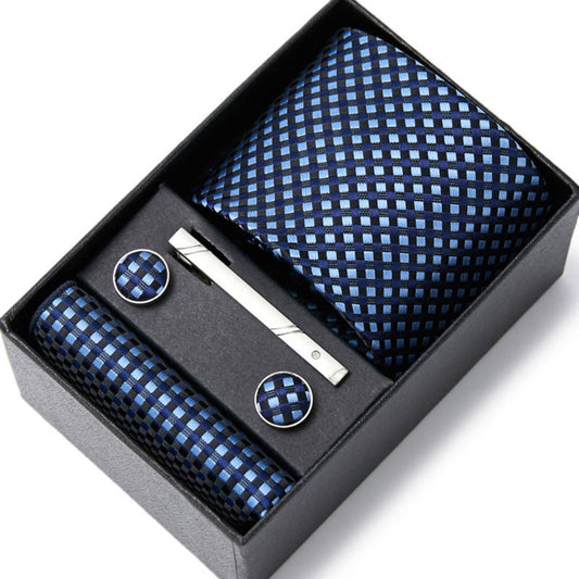 Sky Blue Plaid Pattern Tie Set / Pocket Square, Bowtie, Tie Clip, Cufflinks / Gift for Him / Wedding Groomsmen Gift / Men Gift Box