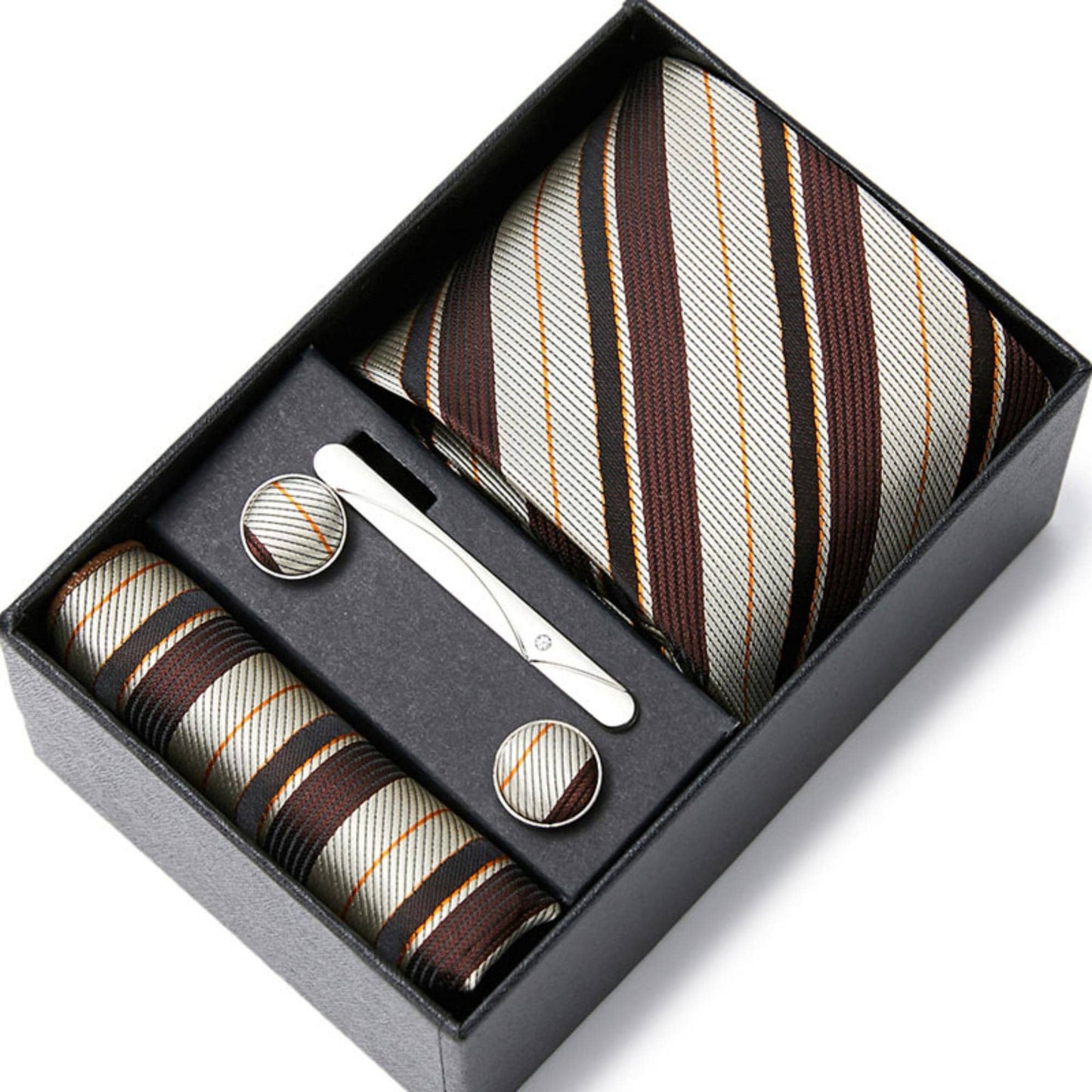 Chocolate Brown Stripe Tie Set / Pocket Square, Bowtie, Tie Clip, Cufflinks / Gift for Him / Wedding Groomsmen Gift / Men Gift Box