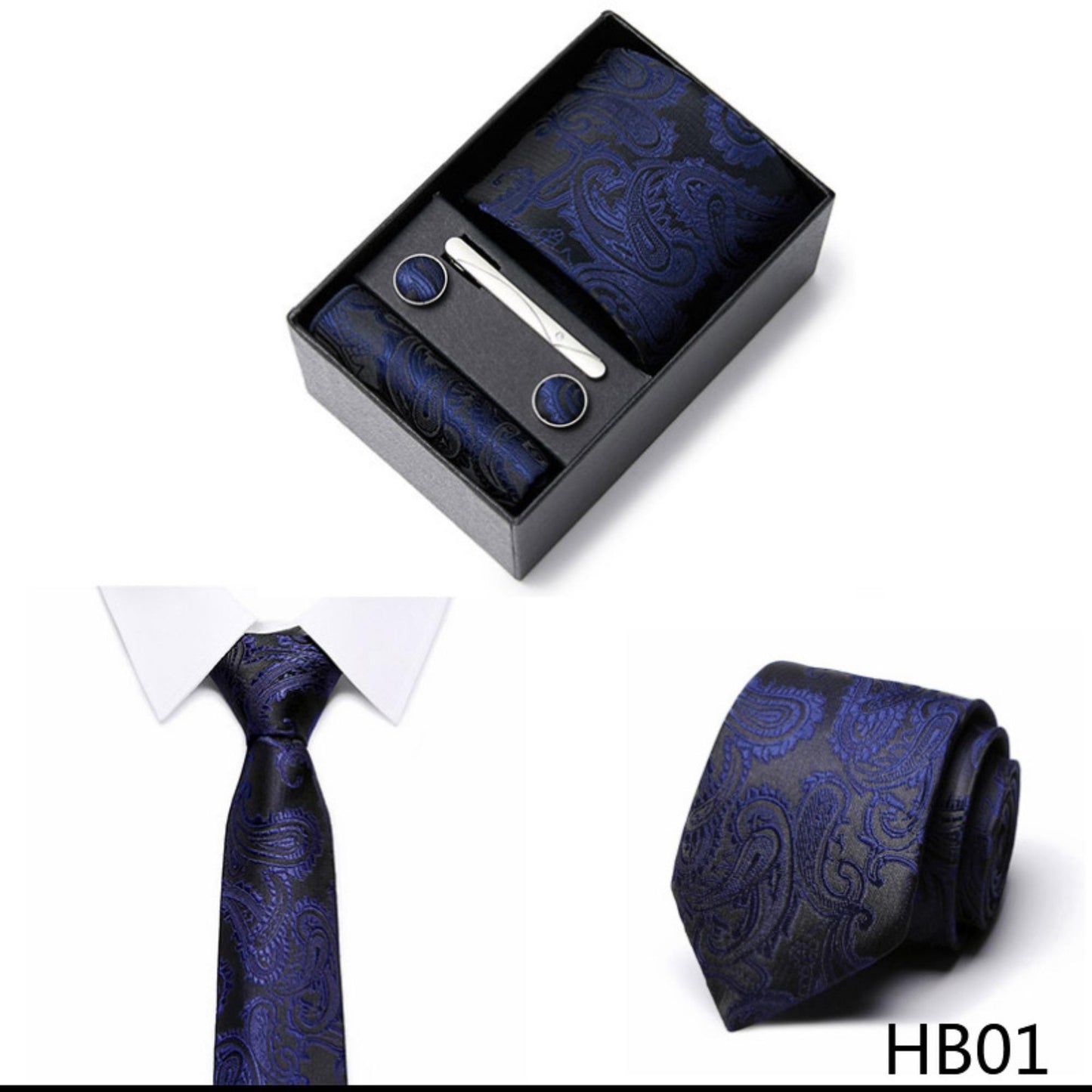 Navy Blue Paisley Tie Set / Pocket Square, Bowtie, Tie Clip, Cufflinks / Gift for Him / Wedding Groomsmen Gift / Men Gift Box