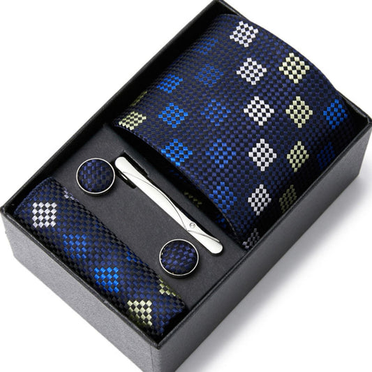 Navy Blue Square Pattern Tie Set / Pocket Square, Bowtie, Tie Clip, Cufflinks / Gift for Him / Wedding Groomsmen Gift / Men Gift Box