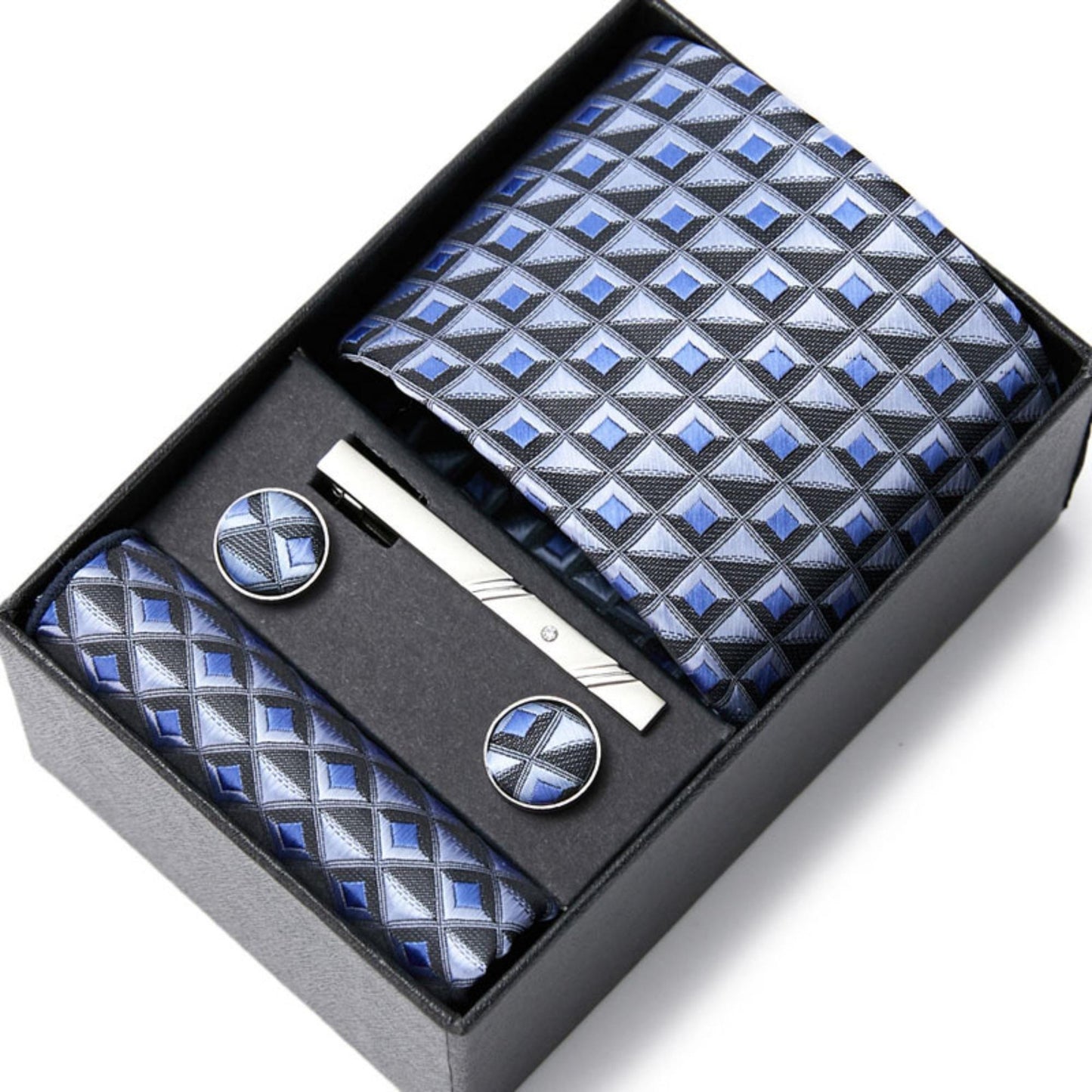 Blue and Black Square Tie Set / Pocket Square, Bowtie, Tie Clip, Cufflinks / Gift for Him / Wedding Groomsmen Gift / Men Gift Box