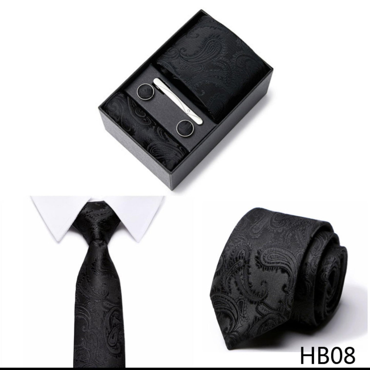 Black Paisley Tie Set / Pocket Square, Bowtie, Tie Clip, Cufflinks / Gift for Him / Wedding Groomsmen Gift / Men Gift Box