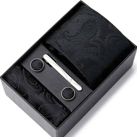 Black Paisley Tie Set / Pocket Square, Bowtie, Tie Clip, Cufflinks / Gift for Him / Wedding Groomsmen Gift / Men Gift Box