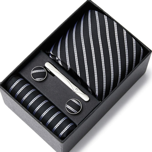 Black Silver Stripe Tie Set / Pocket Square, Bowtie, Tie Clip, Cufflinks / Gift for Him / Wedding Groomsmen Gift / Men Gift Box