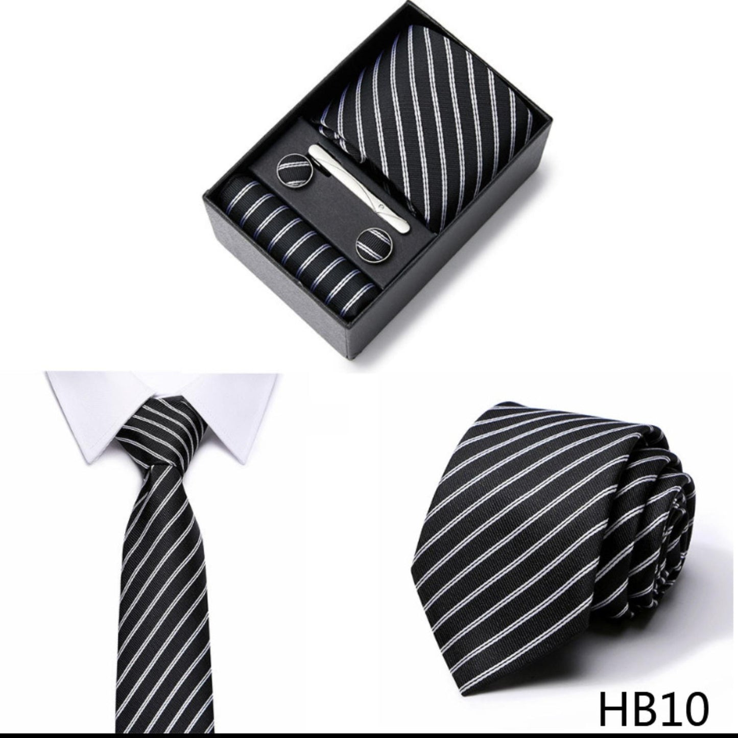 Black Silver Stripe Tie Set / Pocket Square, Bowtie, Tie Clip, Cufflinks / Gift for Him / Wedding Groomsmen Gift / Men Gift Box