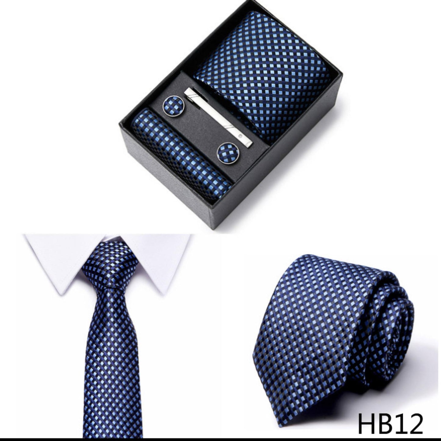 Sky Blue Plaid Pattern Tie Set / Pocket Square, Bowtie, Tie Clip, Cufflinks / Gift for Him / Wedding Groomsmen Gift / Men Gift Box