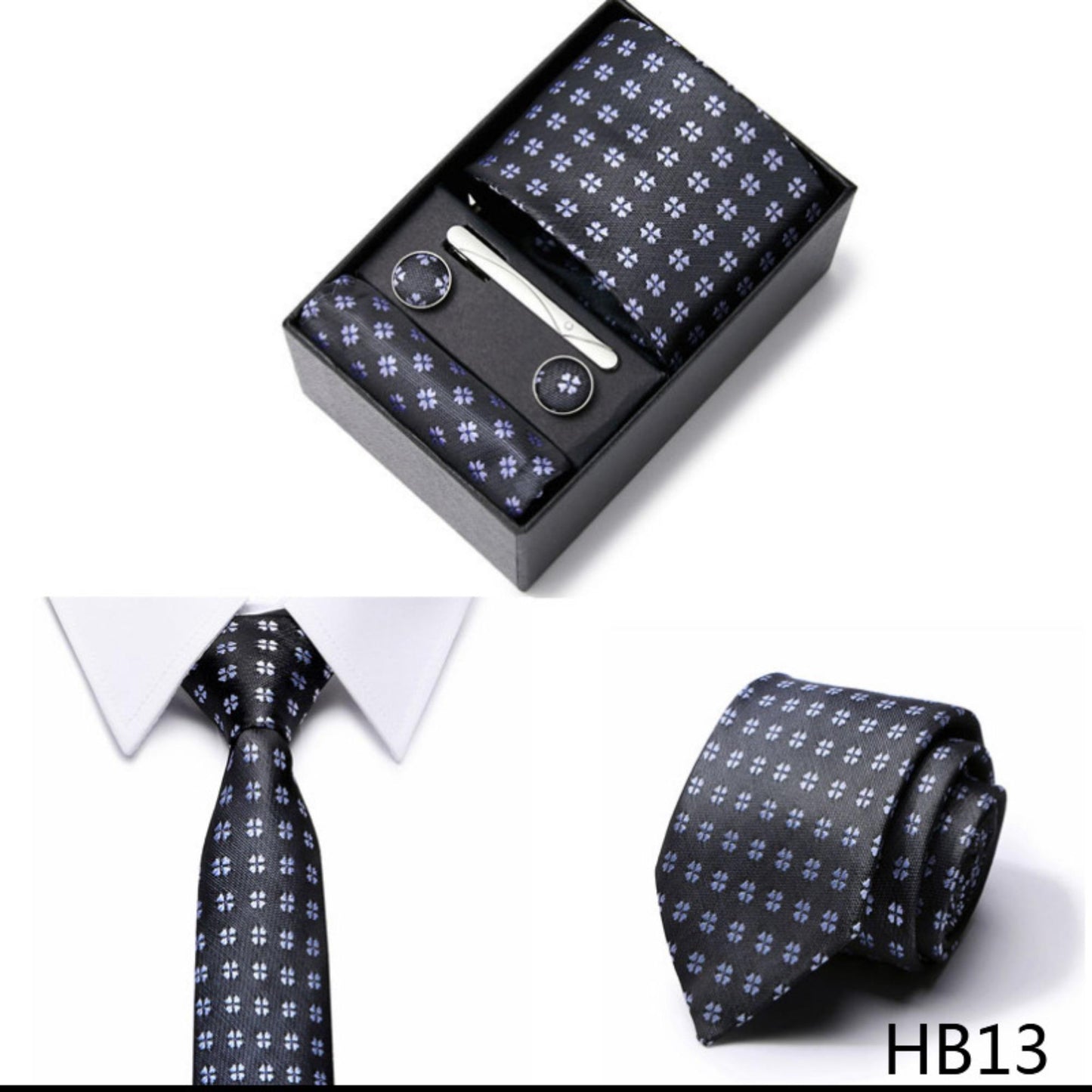 Dark Gray Floral Pattern Tie Set / Pocket Square, Bowtie, Tie Clip, Cufflinks / Gift for Him / Wedding Groomsmen Gift / Men Gift Box