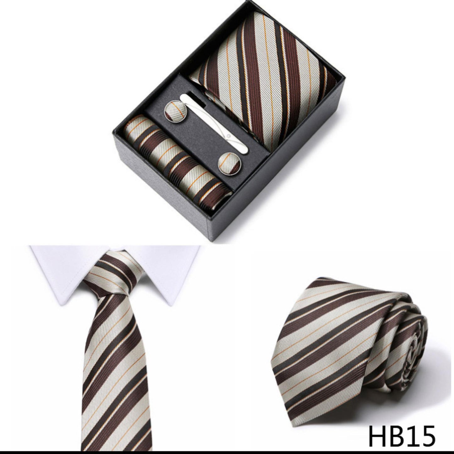 Chocolate Brown Stripe Tie Set / Pocket Square, Bowtie, Tie Clip, Cufflinks / Gift for Him / Wedding Groomsmen Gift / Men Gift Box