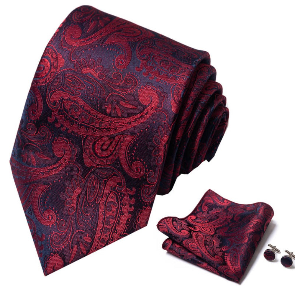 Burgundy Red Paisley Tie Set / Pocket Square Tie Bowtie Cufflinks Set / Wedding Tie / Tie Clips / Gift for him Mens anniversary Groomsmen Gift