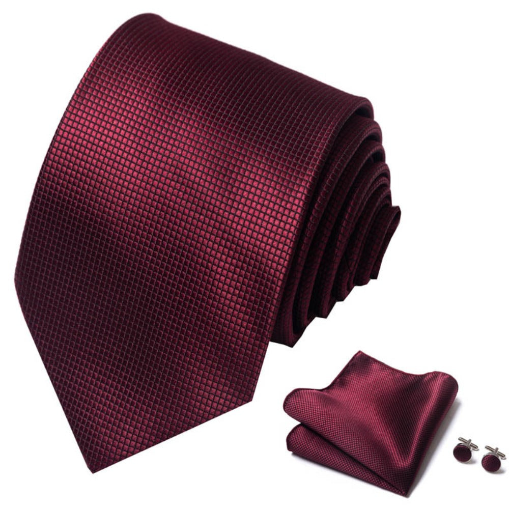 Dark Red Square Pattern Tie Set / Pocket Square Tie Bowtie Cufflinks Set / Wedding Tie / Tie Clips / Gift for him Mens Groomsmen Gift